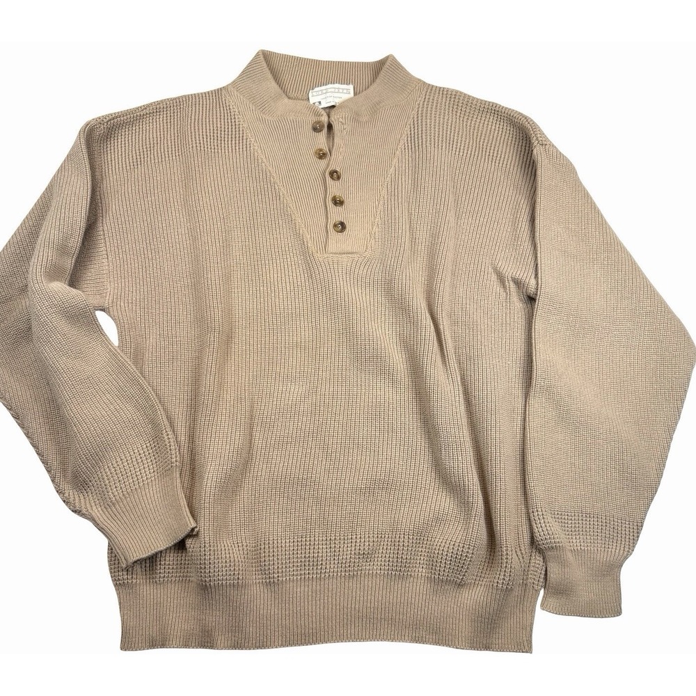 Vintage Lord Jeff Cotton Henley Sweater USA Waffle Knit Tan Men's M